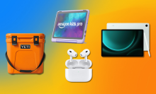 colorful background with collage of AirPods Pro, Amazon Kids tablet, Samsung tablet, and Yeti cooler