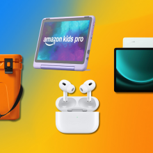 colorful background with collage of AirPods Pro, Amazon Kids tablet, Samsung tablet, and Yeti cooler