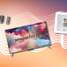 Shark FlexStyle, Amazon Omni QLED Fire TV, and Amazon Echo Hub against a colorful background