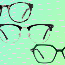 Three pairs of glasses against a green background.