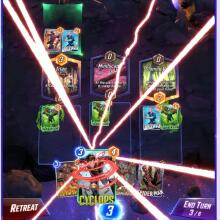 Marvel Snap shown in action with cards and explosive animations.