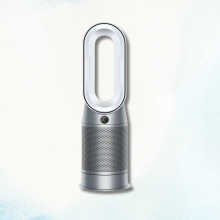 A silver Dyson Hot+Cool Gen1 HP10 Purifier standing upright against a white and blue background.