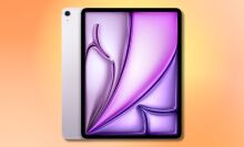 purple ipad air on an orange and yellow gradient background