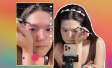 Composite of three TikTok filter screenshots, with grids overlaid on a face to draw makeup.