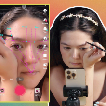 Composite of three TikTok filter screenshots, with grids overlaid on a face to draw makeup.