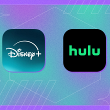 Disney+ and Hulu logos on top of purple and teal background