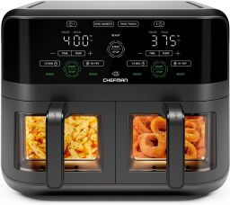 Chefman dual-basket air fryer with fries and onion rings in each basket