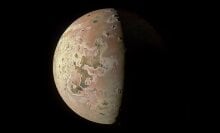 Jupiter's volcanic moon Io as captured by the Juno spacecraft on Oct. 15, 2023.