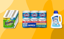 An image displaying three common household cleaning products: Bounty paper towels, Clorox disinfecting wipes, and Lysol laundry sanitizer, against a yellow and orange background.