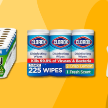 An image displaying three common household cleaning products: Bounty paper towels, Clorox disinfecting wipes, and Lysol laundry sanitizer, against a yellow and orange background.