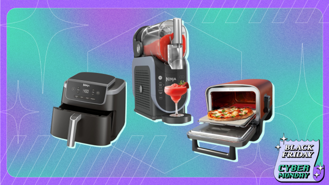 Ninja air fryer, Ninja Slushi frozen drink maker, and Ninja pizza oven on green and purple backdrop