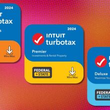 several versions of turbotax filing software on a pink and orange pixelated background