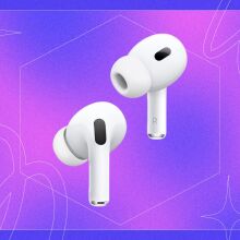 Two Apple AirPods Pro 2 appear on a purple and blue background with the Mashable Black Friday logo.