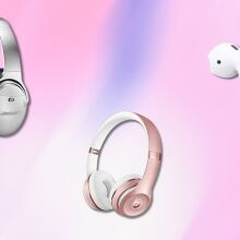 Headphones and eadbuds on a pink background