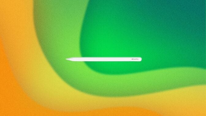 A white Apple Pencil Pro appears on a yellow and green swirly background.