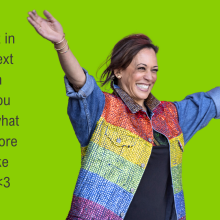 Kamala Harris in a rainbow embellished jean jacket, with her hands up in a "v" shape and a mic in one hand. The background is "brat" green, with text that reads  "You exist in the context of all in which you live and what came before you, Jake Tapper <3"