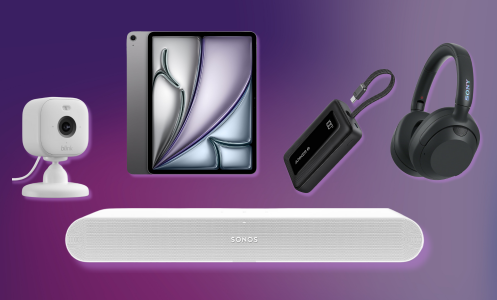 Blink Mini 2, Apple iPad Air, Sonos ray, Anker Zolo power bank, and Sony ULT Wear headphones with purple background