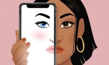 An illustration of a woman holding a phone up to her face. 