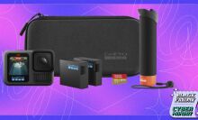 A GoPro Hero13 along with accessories appear on a purple background with the Mashable Black Friday coverage logo.