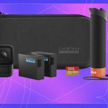 A GoPro Hero13 along with accessories appear on a purple background with the Mashable Black Friday coverage logo.