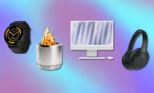 Garmin watch, Solo Stove, iMac, and Sony headphones with purple and blue background