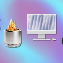 Garmin watch, Solo Stove, iMac, and Sony headphones with purple and blue background