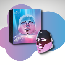 led face mask and box with colorful background