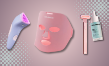 solawave bye acne device, light therapy mask, and skincare wand with colorful background