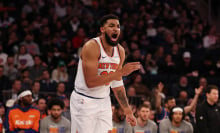 Karl-Anthony Towns #32 of the New York Knicks argues a call during their game against the Toronto Raptors at Madison Square Garden on January 08, 2025 in New York City.