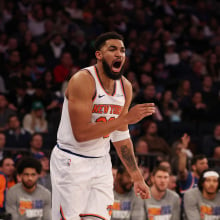 Karl-Anthony Towns #32 of the New York Knicks argues a call during their game against the Toronto Raptors at Madison Square Garden on January 08, 2025 in New York City.