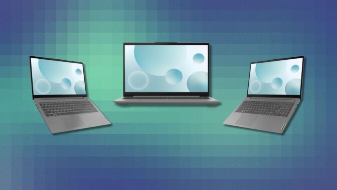 three views of the lenovo ideapad 3i laptop on a green and teal pixelated background