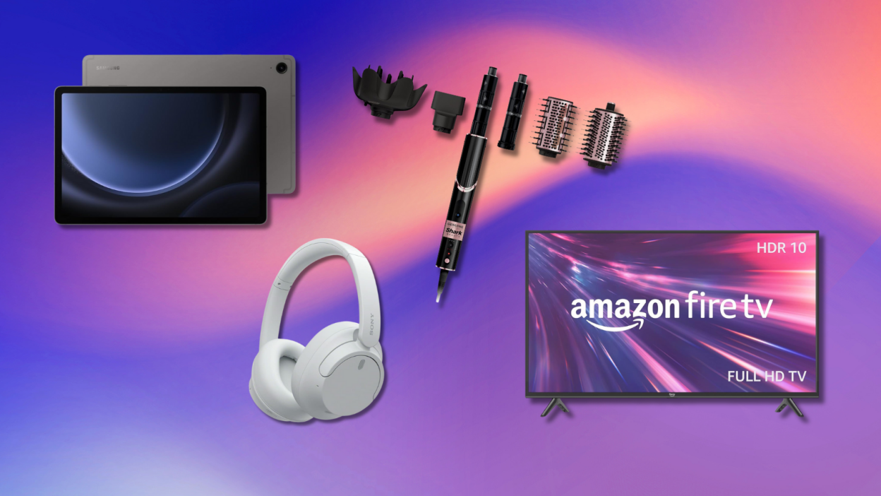 Shark FlexStyle, Samsung tablet, Sony headphones, and Amazon Fire TV with purple and pink background