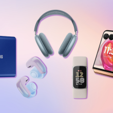 Samsung SSD, AirPods Max, Bose Ultra Open earbuds, Fitbit Charge 6, and Motorola razr+ with colorful background