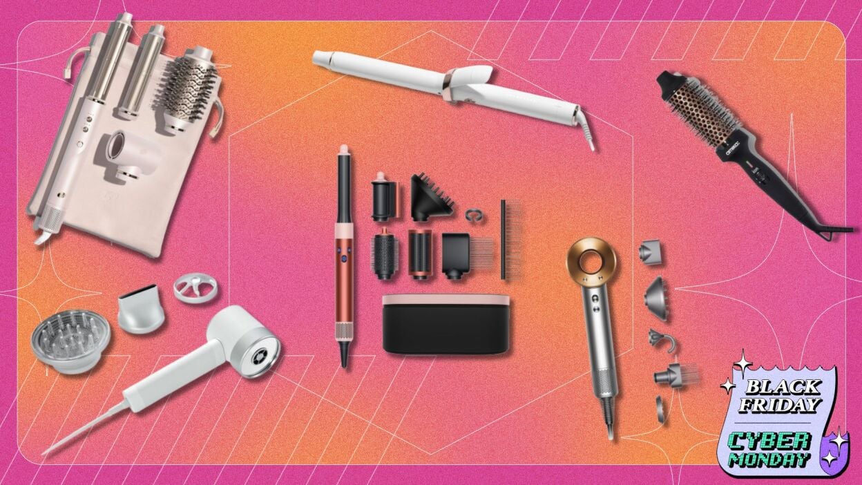 pink and orange gradient background with various beauty tools including t3 curling wand, zuvi halo hair dryer, and dyson airwrap