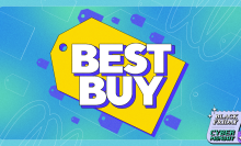 the best buy logo against a blue and green gradient background surrounded by shopping icons. there's a "black friday/cyber monday" tag in the bottom right corner