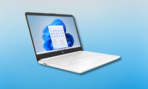 A white HP 14-inch laptop open and displaying the Windows 11 desktop against a bright blue background.