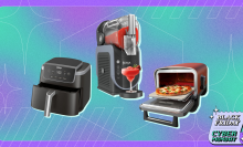 Ninja air fryer, Ninja Slushi frozen drink maker, and Ninja pizza oven on green and purple backdrop