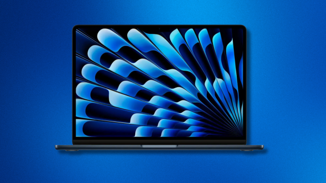 An Apple MacBook Air (M3) laptop open and displaying a vibrant abstract image of blue waves against a blue background.