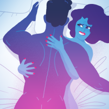 An illustration in blue tones showing a woman looking upset as a man lies on top of her during sex. 