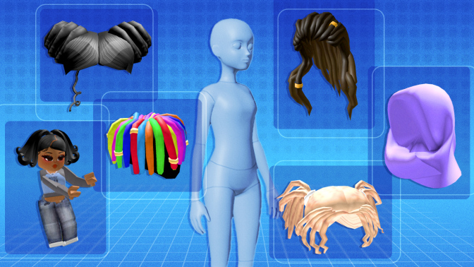 A collage of Roblox hair accessories and avatars on a blue, cyberlike background.