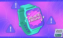 a posterized smartwatch with "black friday" on its display against a pink and purple background with alert icons