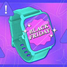 a posterized smartwatch with "black friday" on its display against a pink and purple background with alert icons