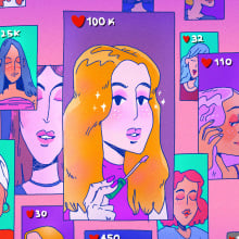 Illustration of a bunch of TikTokkers applying make-up. 