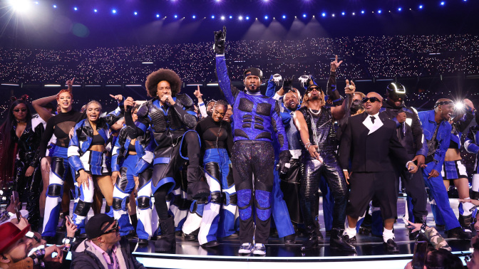 H.E.R., Ludacris, Usher, Lil Jon, Jermaine Dupri and will.i.am perform onstage during the Apple Music Super Bowl LVIII Halftime Show at Allegiant Stadium