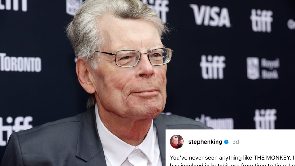 A man stands on a red carpet. In the bottom-right corner is a partially visible screenshot from a Stephen King post on Threads.