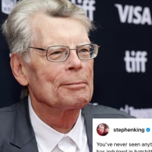 A man stands on a red carpet. In the bottom-right corner is a partially visible screenshot from a Stephen King post on Threads.