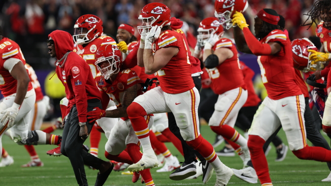  The Kansas City Chiefs celebrate after defeating the San Francisco 49ers in Super Bowl LVIII at Allegiant Stadium on February 11, 2024