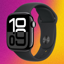 Apple Watch Series 10 GPS model (42mm) on a pink to yellow gradient background