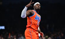 Luguentz Dort #5 of the Oklahoma City Thunder celebrates a made basket during the first half against the Dallas Mavericks at Paycom Center on December 10, 2024 in Oklahoma City, Oklahoma. 