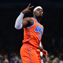 Luguentz Dort #5 of the Oklahoma City Thunder celebrates a made basket during the first half against the Dallas Mavericks at Paycom Center on December 10, 2024 in Oklahoma City, Oklahoma. 